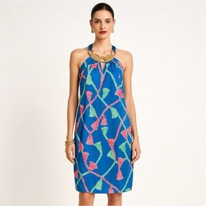 Lilly Pulitzer Silk Dress Blue Red Tassel Print Embellished Holiday Shift 8